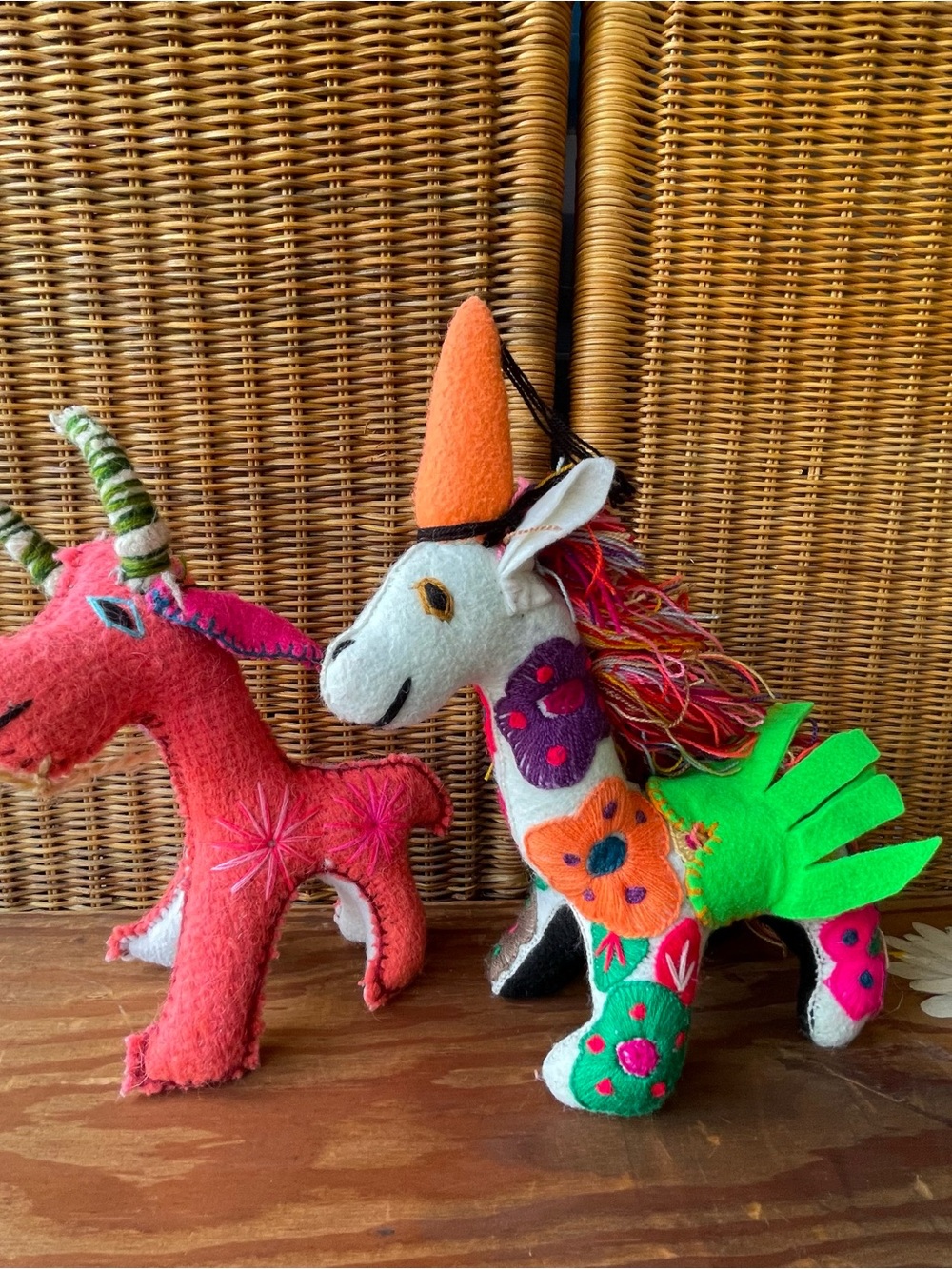 Hand Embroidered Felt Unicorn and Goat: Mexican Folk Art